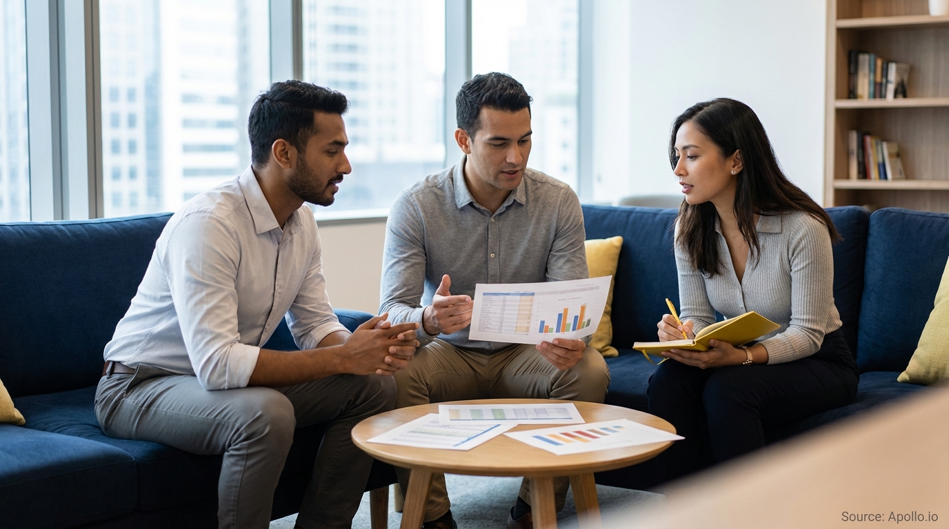 Three professionals discuss charts and take notes in a modern office lounge.