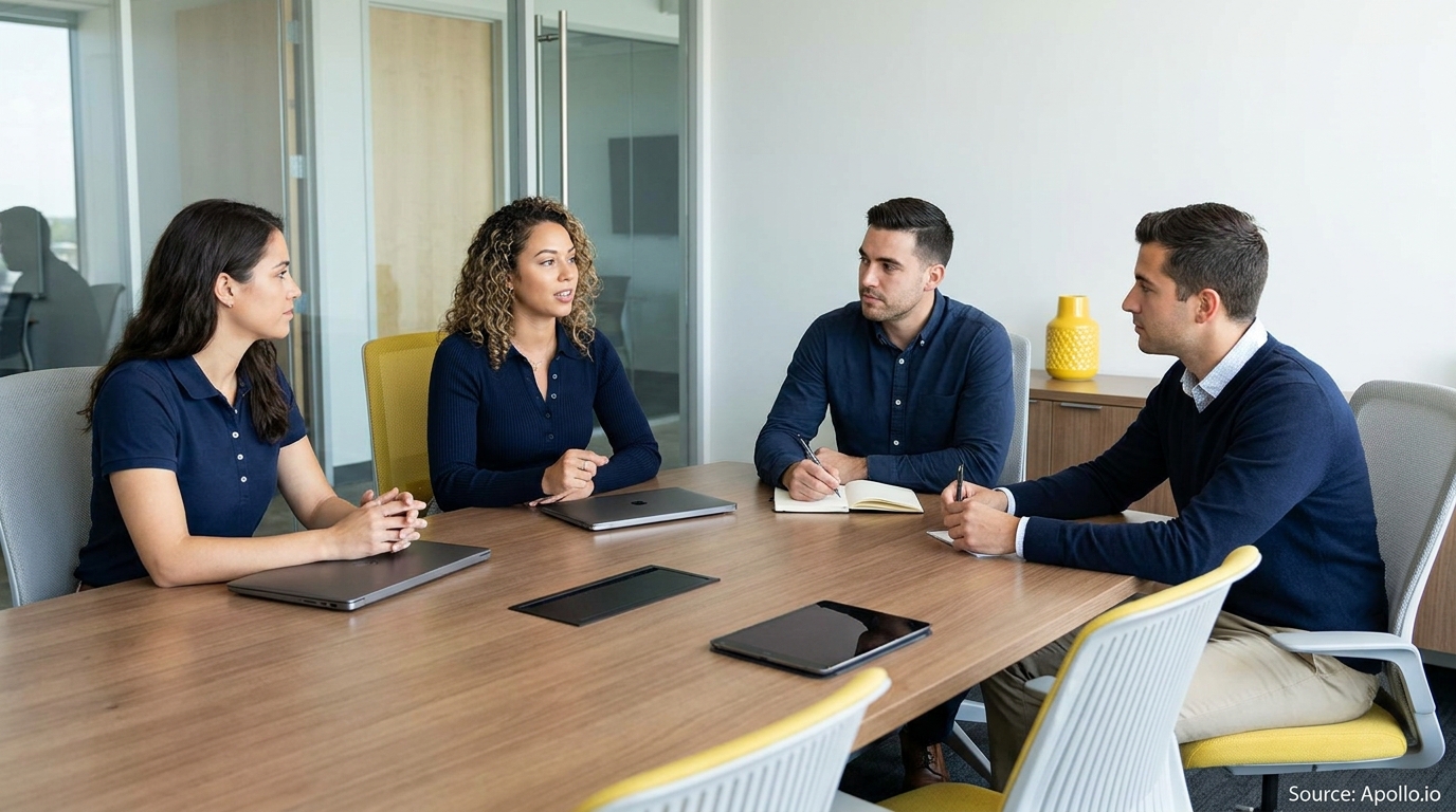 Four professionals discuss at a modern conference table in an office.