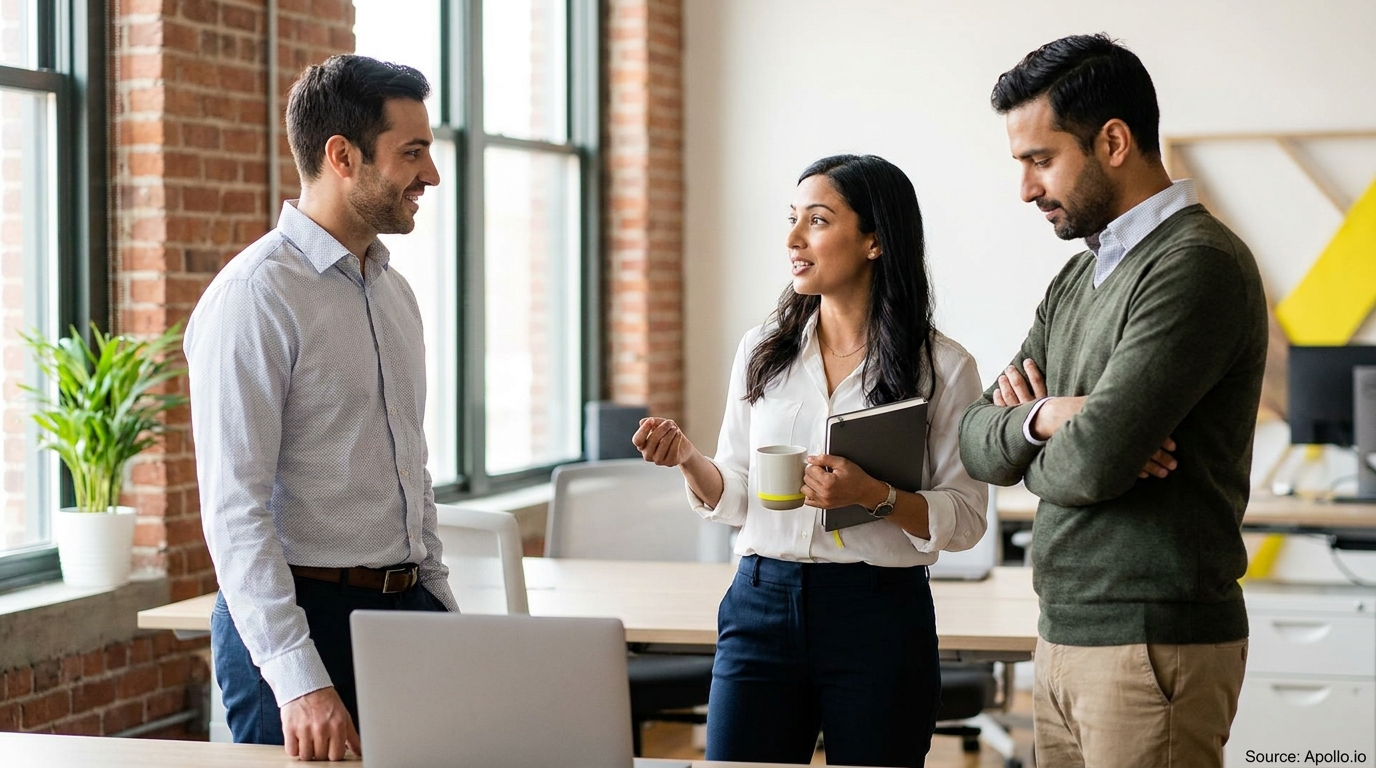 Three colleagues engaged in discussion around a laptop in a modern office.