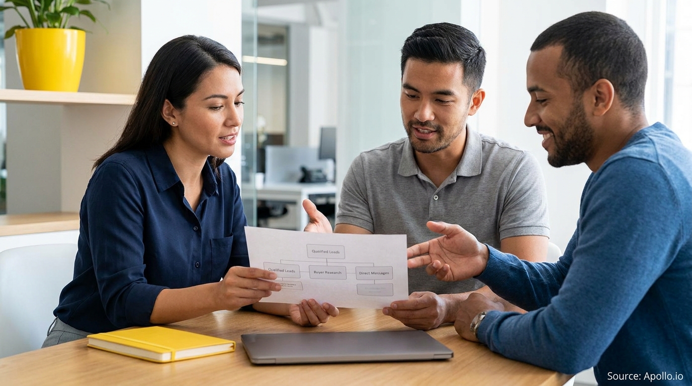 Three diverse professionals discuss a workflow diagram at a modern office table.