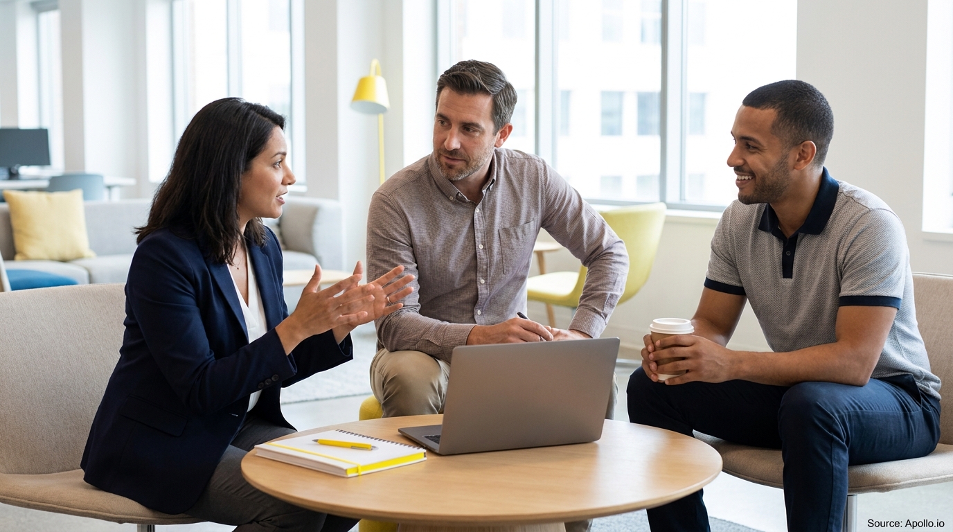 Three professionals discussing in a modern office lounge setting.