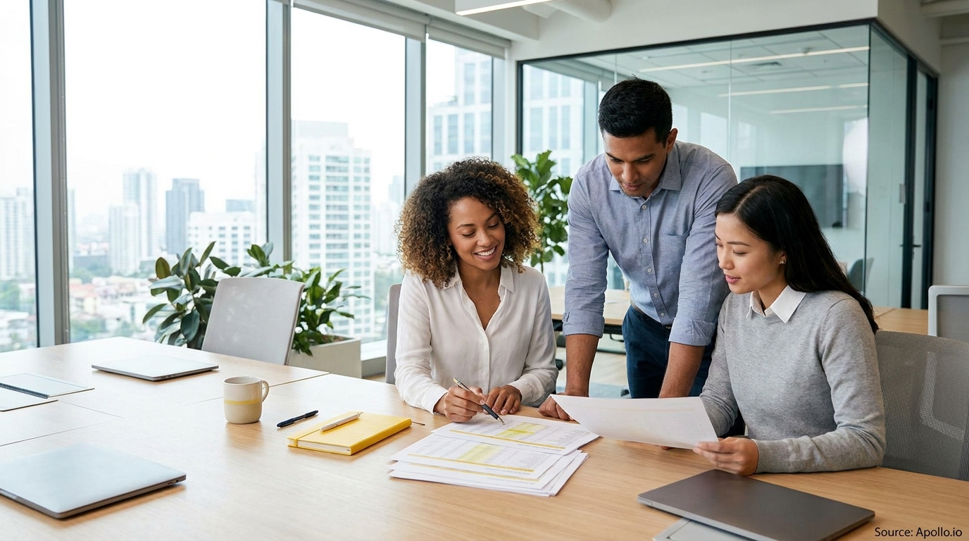 Three diverse professionals collaborate, reviewing documents at a modern office table with city views.