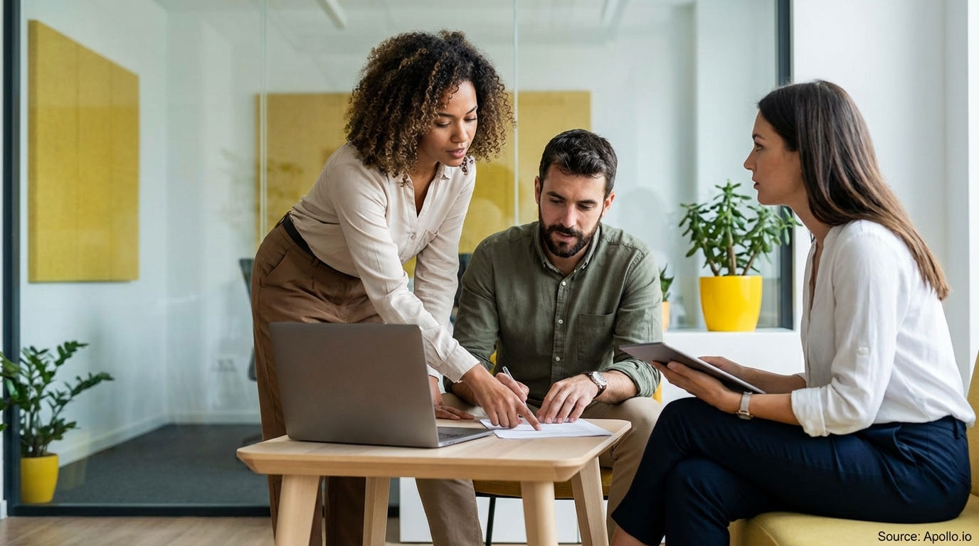 Three colleagues collaborate on documents and a laptop in a modern office.
