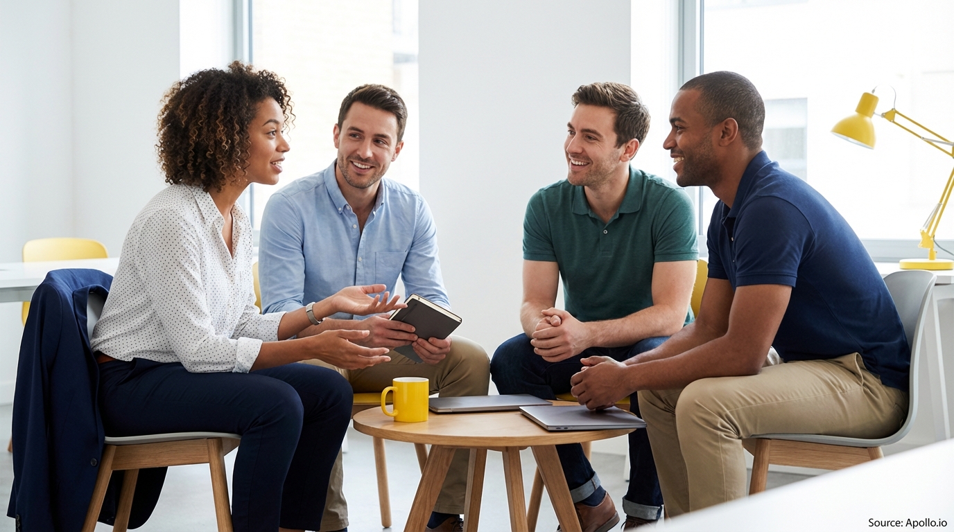 Four colleagues discuss ideas around a coffee table in a bright office.
