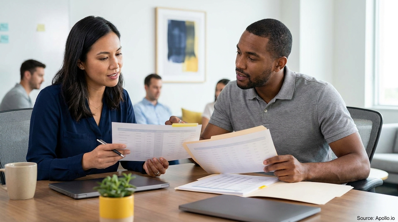 Two professionals discuss documents at a table in a modern office.