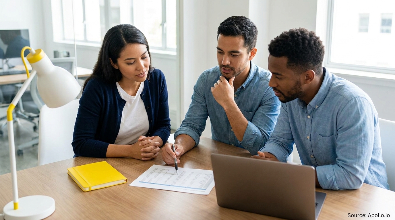 Three people review a document and laptop on a wooden office table.