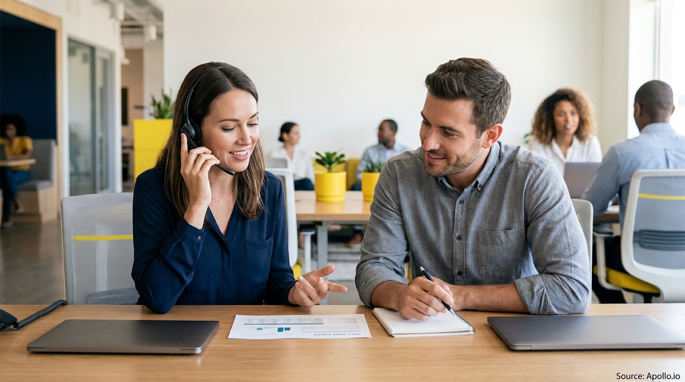 Two smiling colleagues collaborating at an office desk, one on a headset, the other writing.