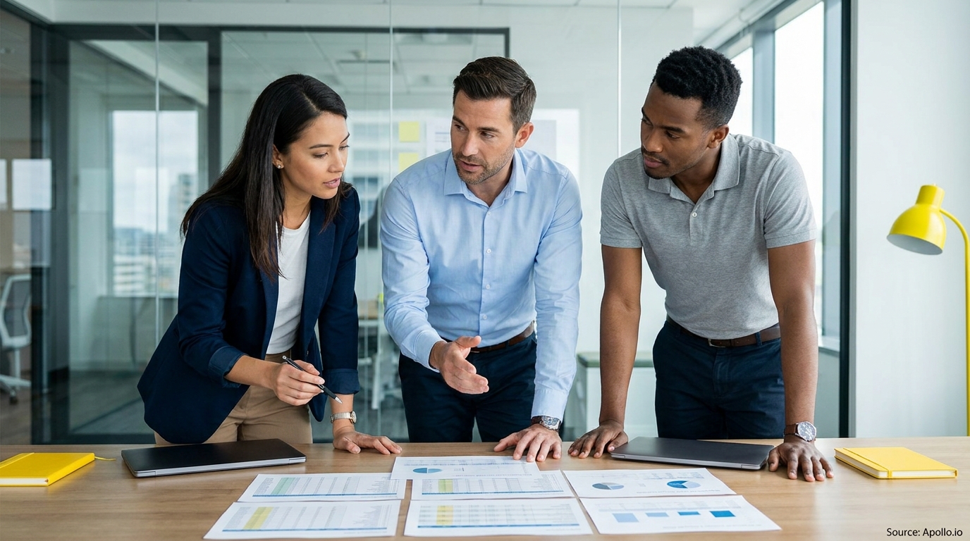 Three diverse professionals discuss charts and data on a table in a modern office.
