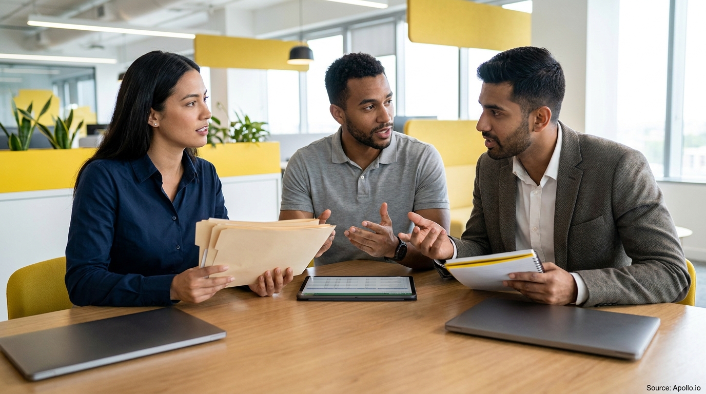 Three diverse professionals discuss work at a modern office table with folders, a tablet, and laptops.