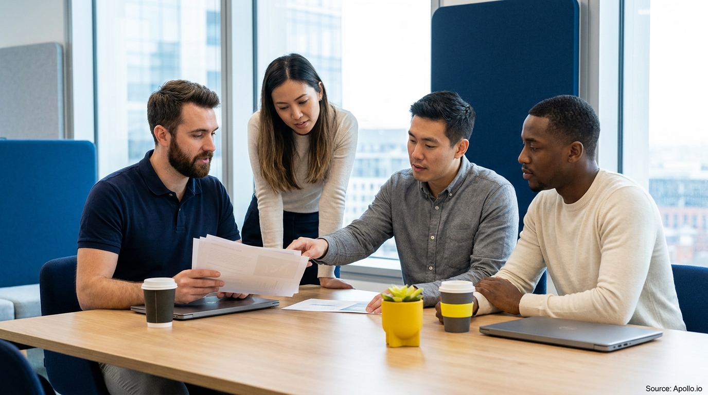 Four diverse professionals review documents at a modern office table.