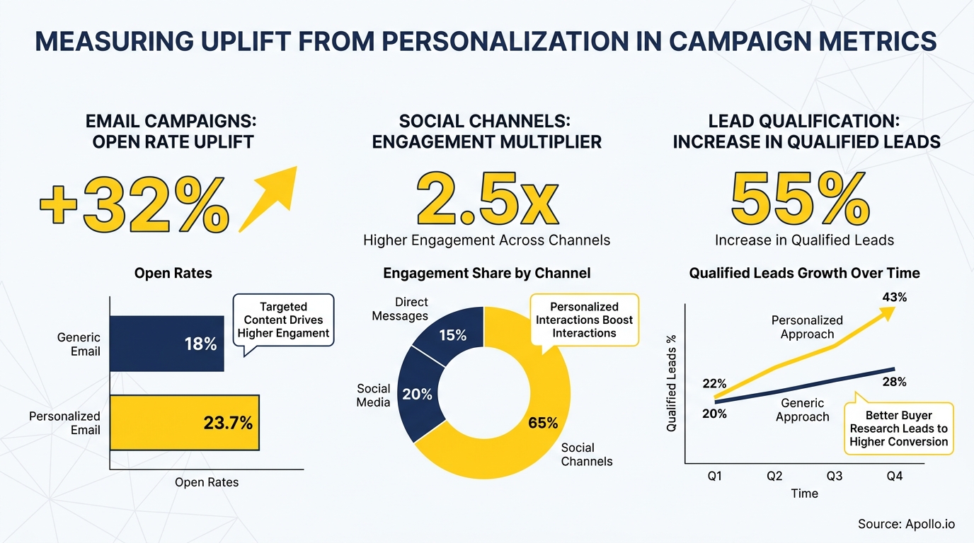Infographic with charts showing uplift in email open rates, social engagement, and qualified leads from personalization.