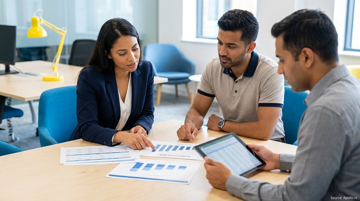 Three professionals discuss campaign metrics, pointing at charts and reviewing data on a tablet in an office.
