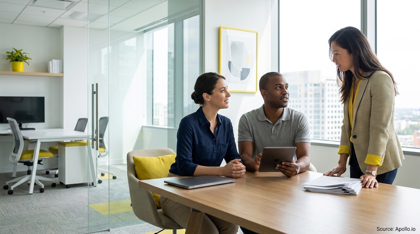 Three professionals discuss work with papers and a tablet in a modern office.