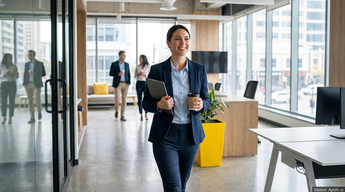 Five professionals walk through a bright, modern office with large windows.