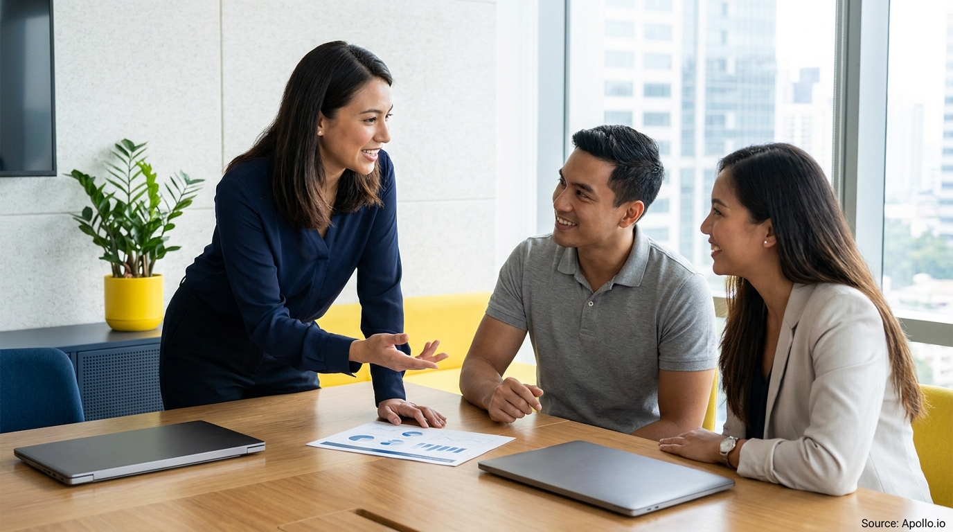 Three colleagues collaborate around a table with charts in a bright office.