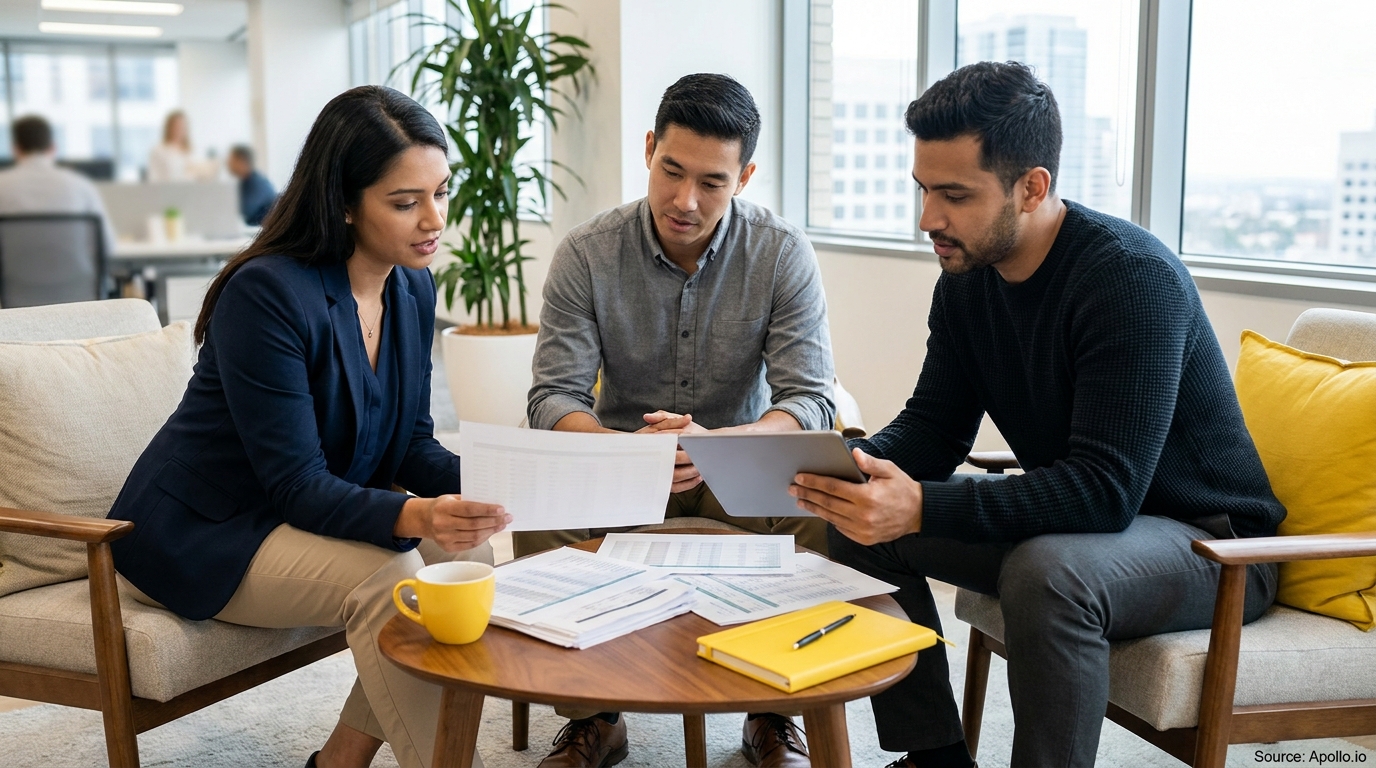 Three professionals discuss documents and a tablet in a modern office lounge.