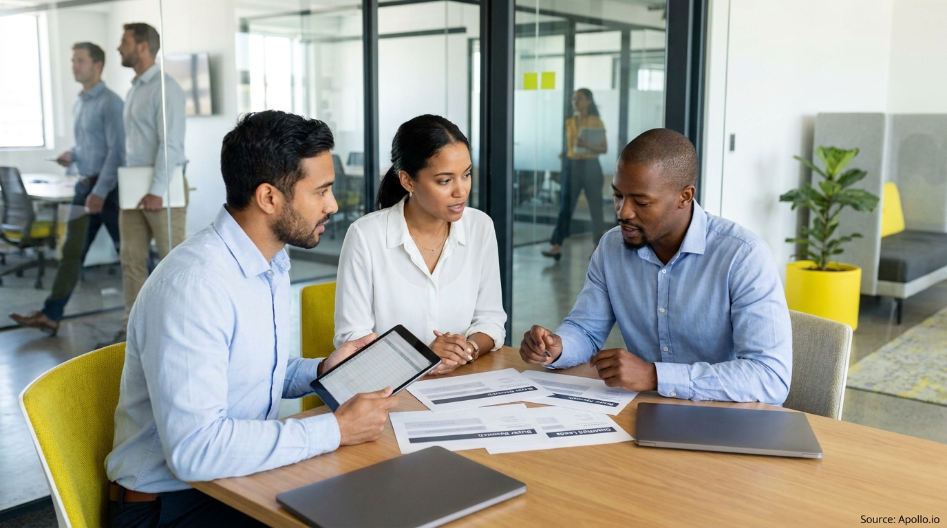 Three diverse professionals discuss documents and a tablet at a modern office table.
