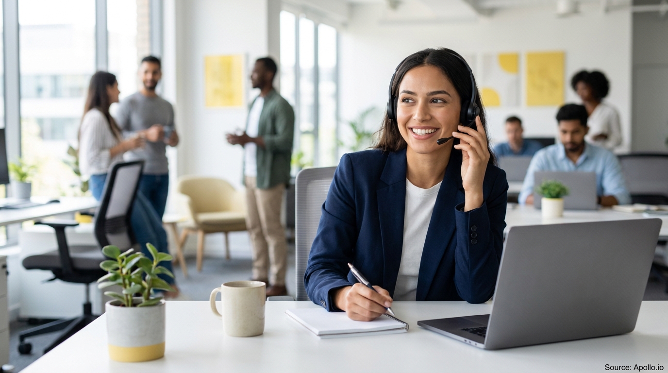A smiling woman on a headset works at a laptop in a busy modern office with colleagues.