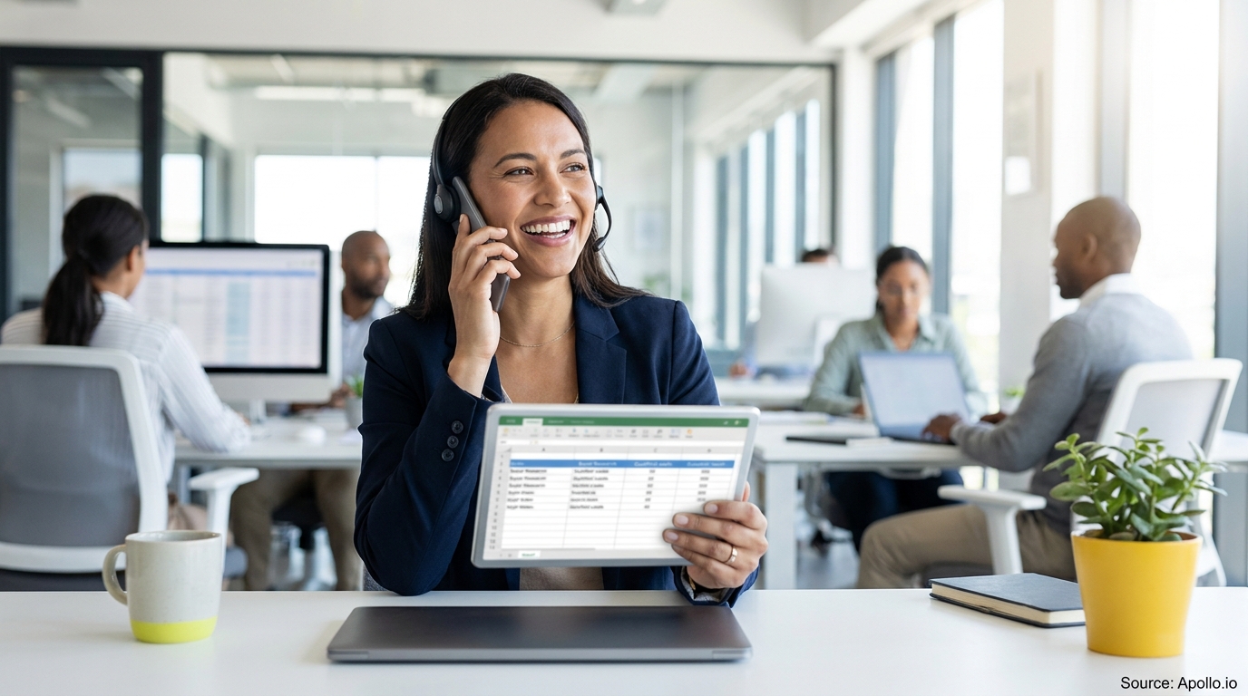 Smiling woman on a call with a headset and tablet in a busy open office.