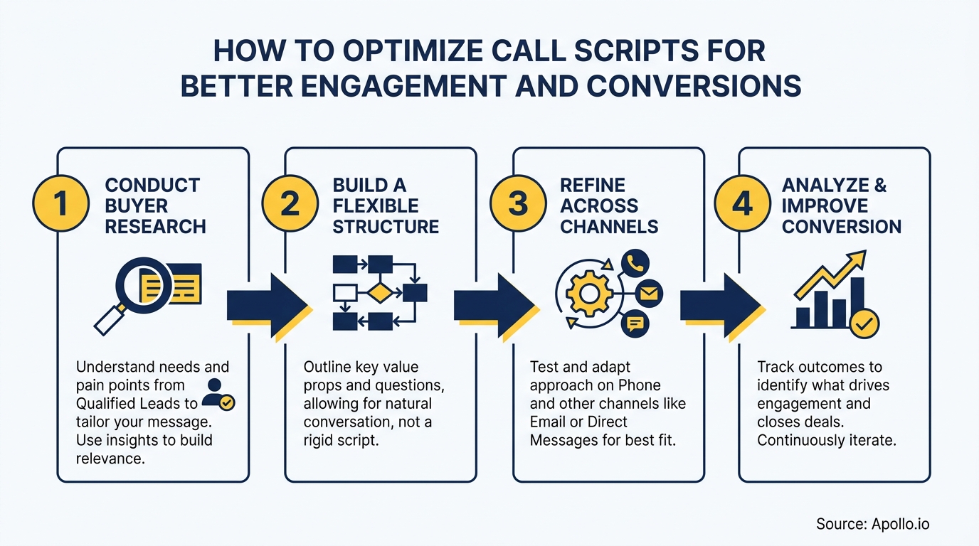 A four-step process flowchart with icons for buyer research, script structure, channel adaptation, and conversion tracking.