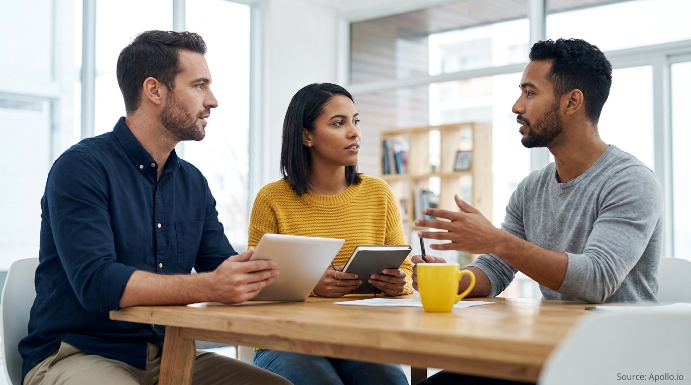 Three professionals discuss strategies at a modern office table with tablet and notebook.