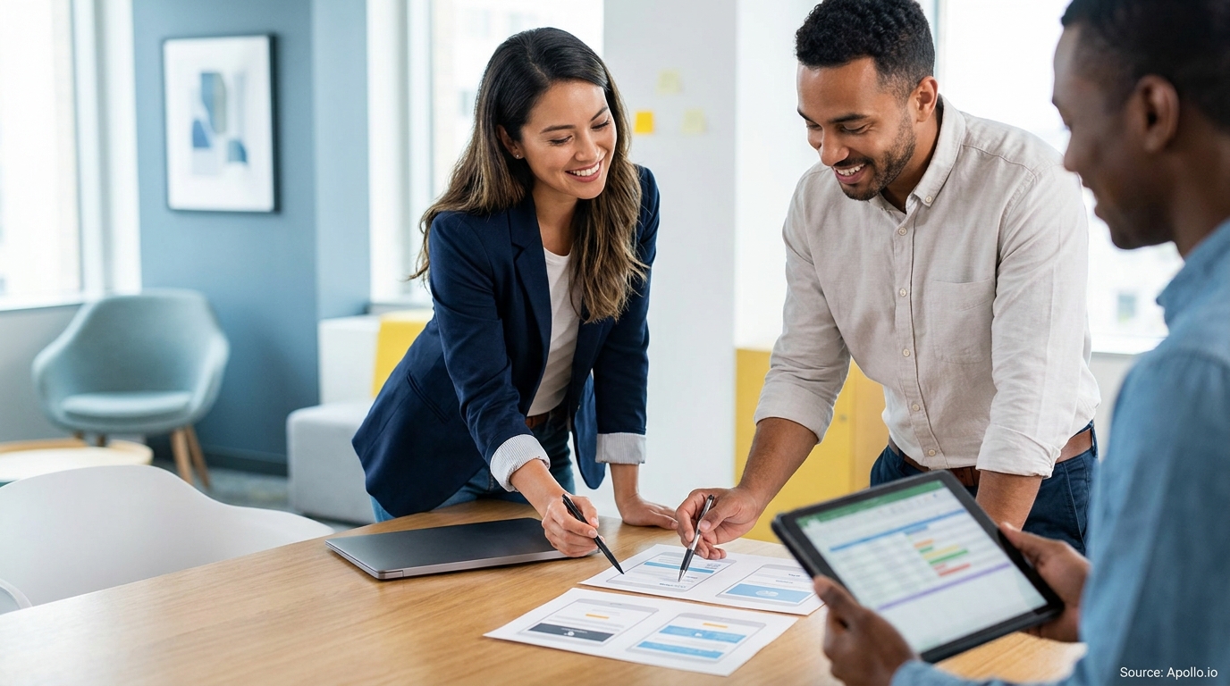 Three diverse colleagues discuss design layouts and data on a tablet in an office.