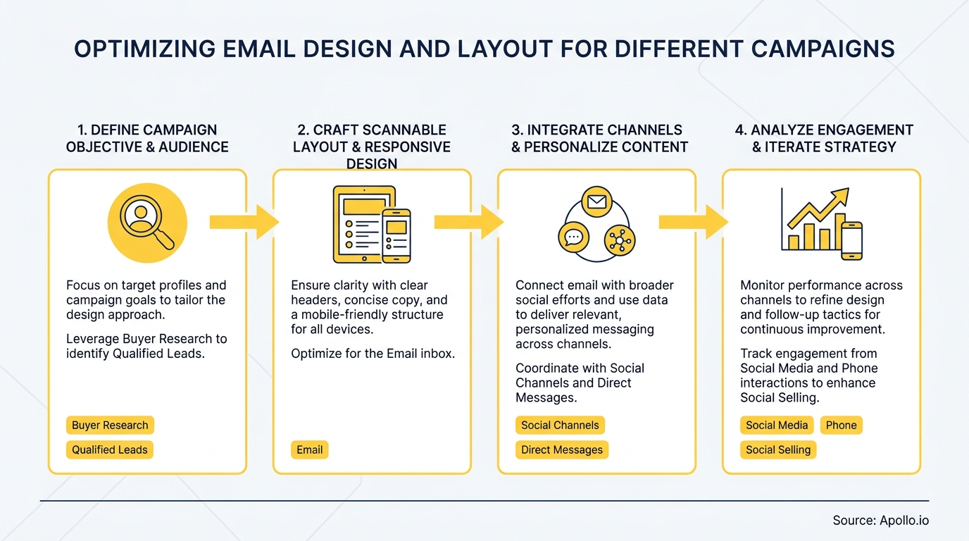 A flowchart detailing four steps for optimizing email design and layout for campaigns.