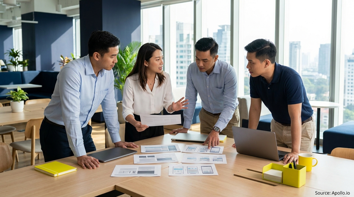 Four professionals collaborate in a modern office, discussing design layouts spread on a table.