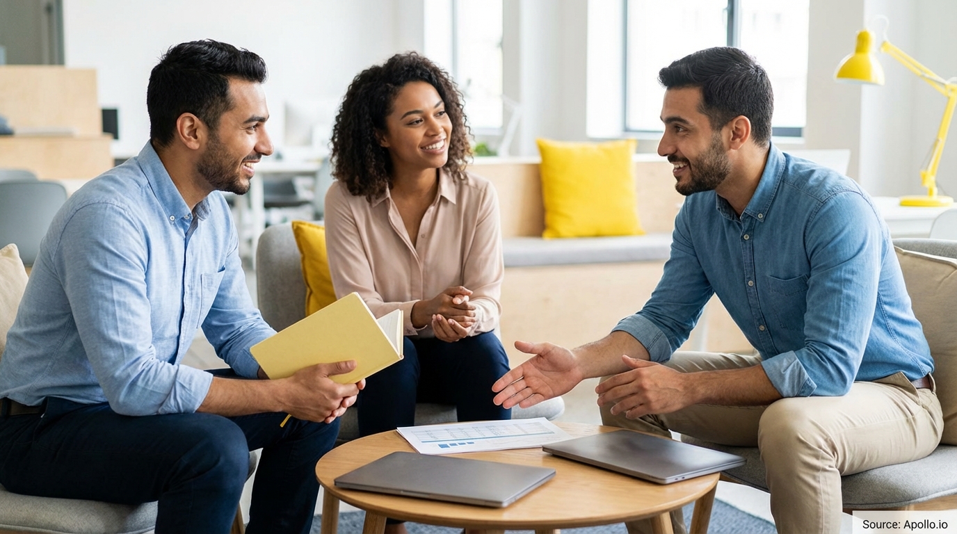 Three smiling professionals engage in conversation around a coffee table with laptops and a document.