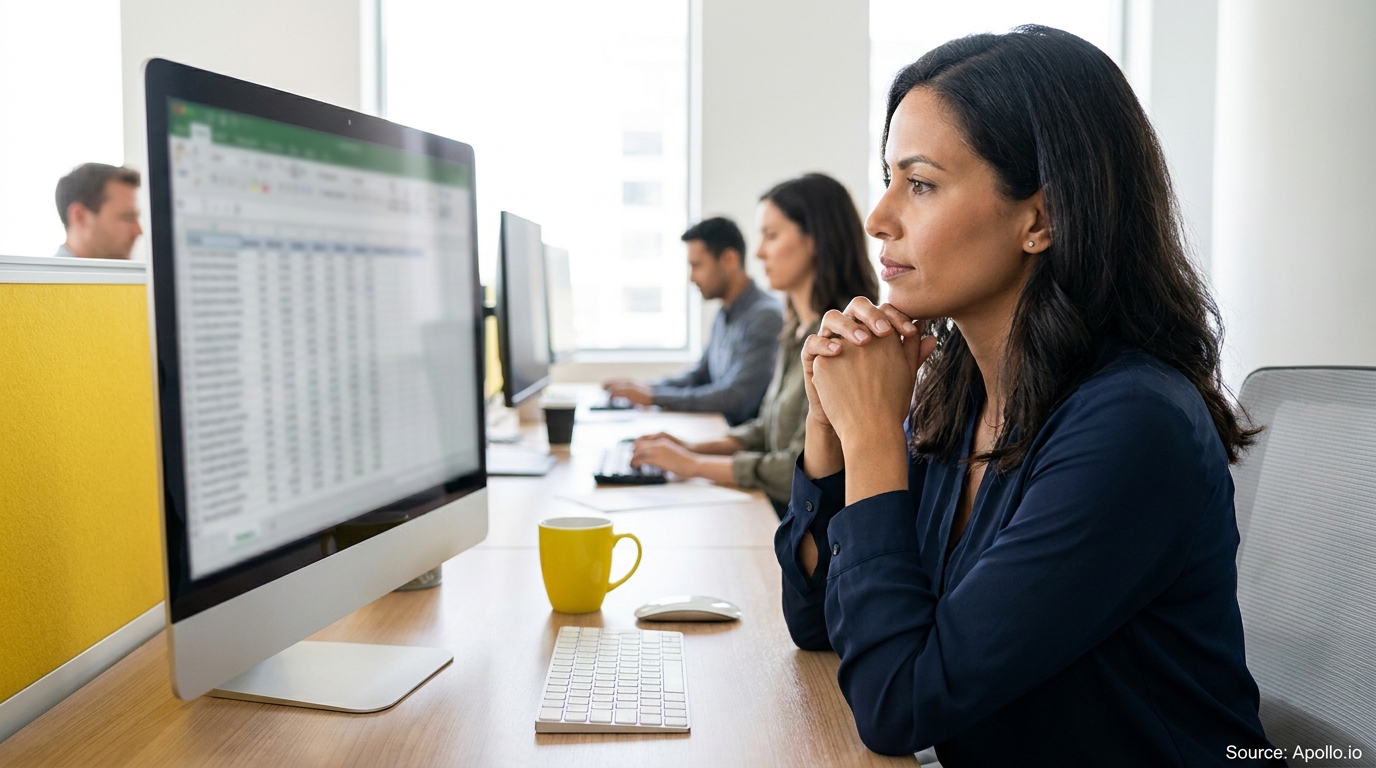 Office workers analyze data on computer screens in a bright office.