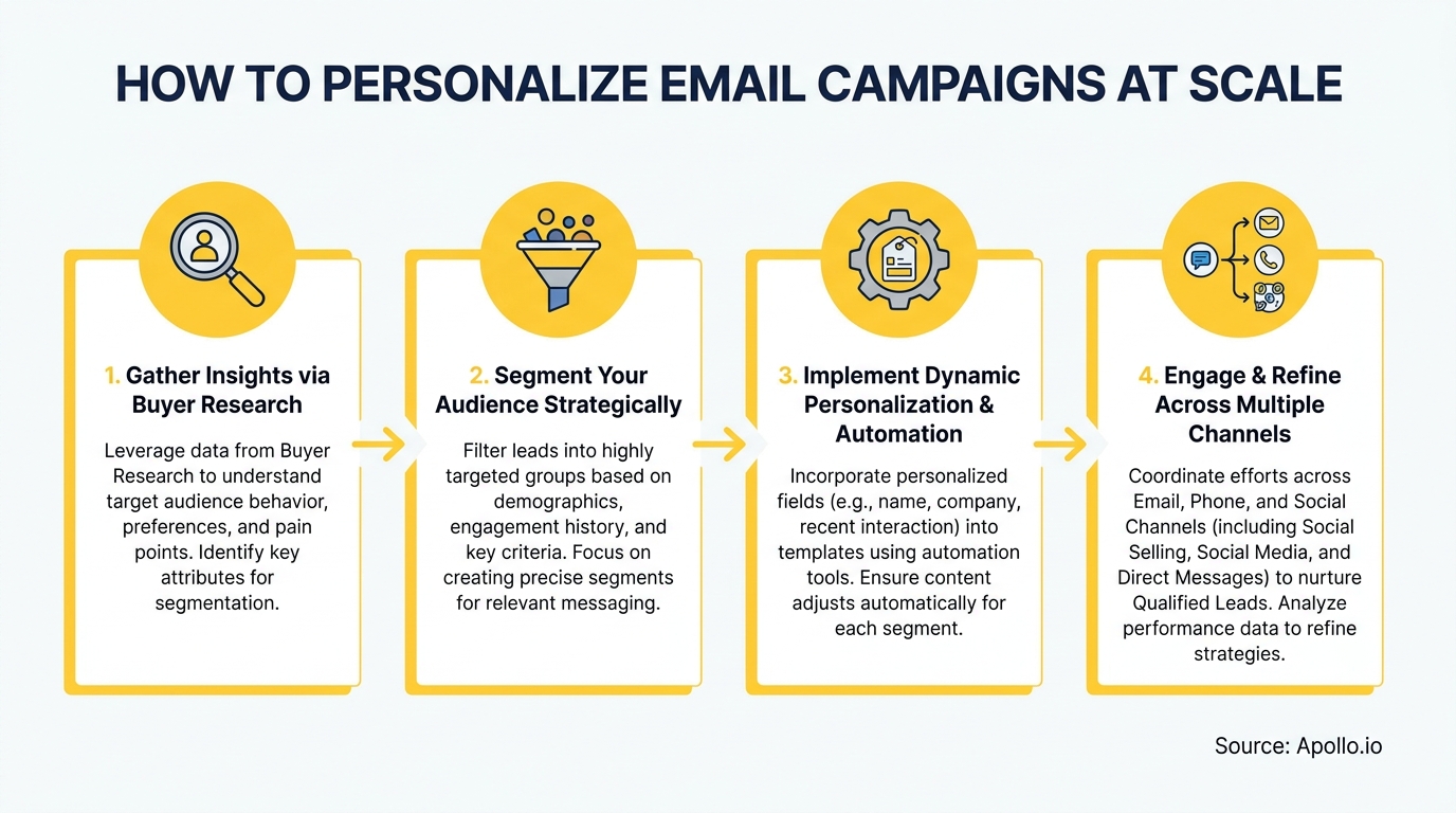 Workflow diagram outlining four steps to personalize email campaigns at scale.