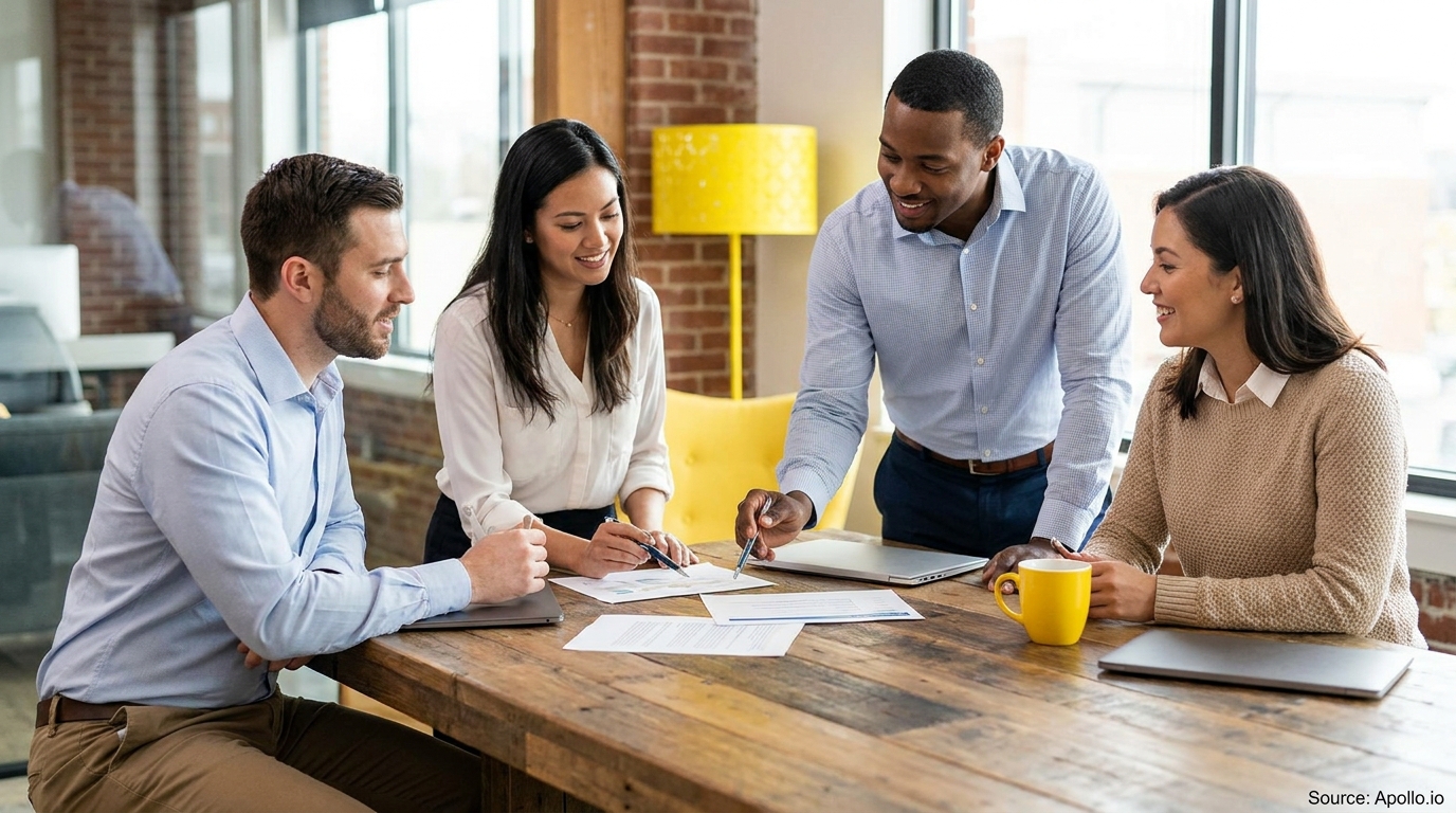 Four diverse professionals discuss documents at a wooden conference table in a modern office.