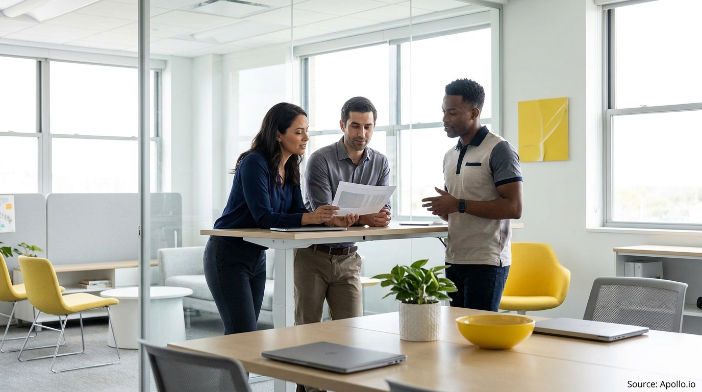 Three professionals discuss documents at a standing desk in a bright, modern office.