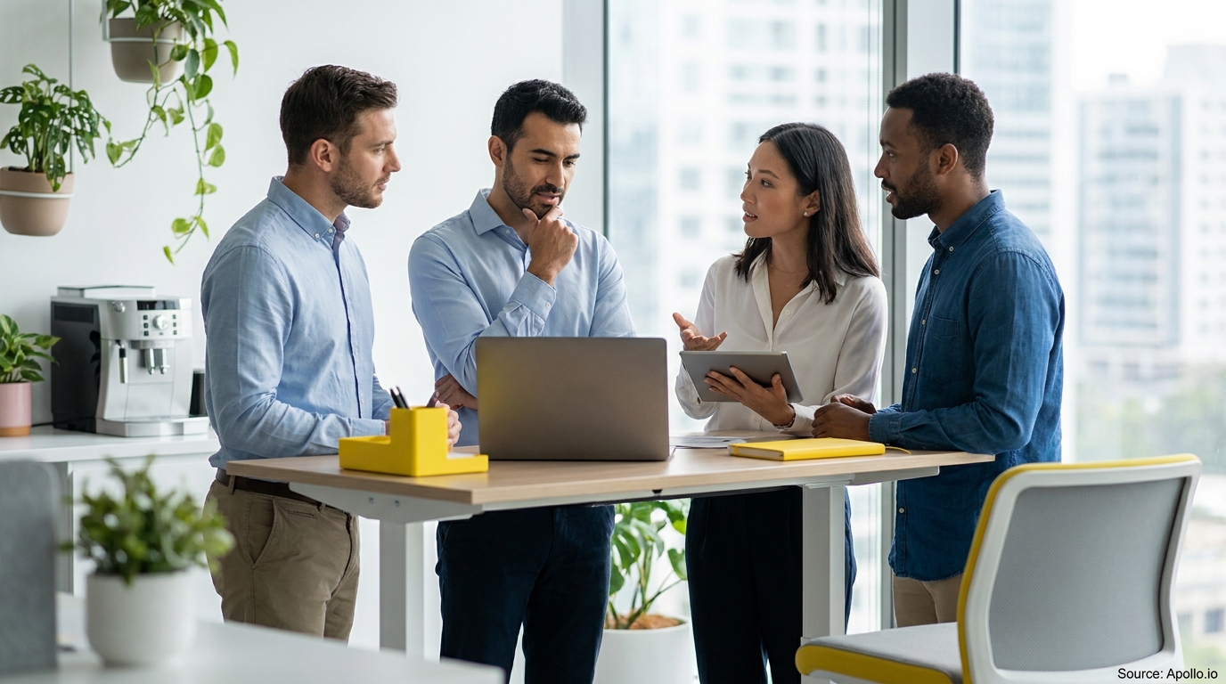Four colleagues discuss work using a laptop and tablet at a bright office standing desk.
