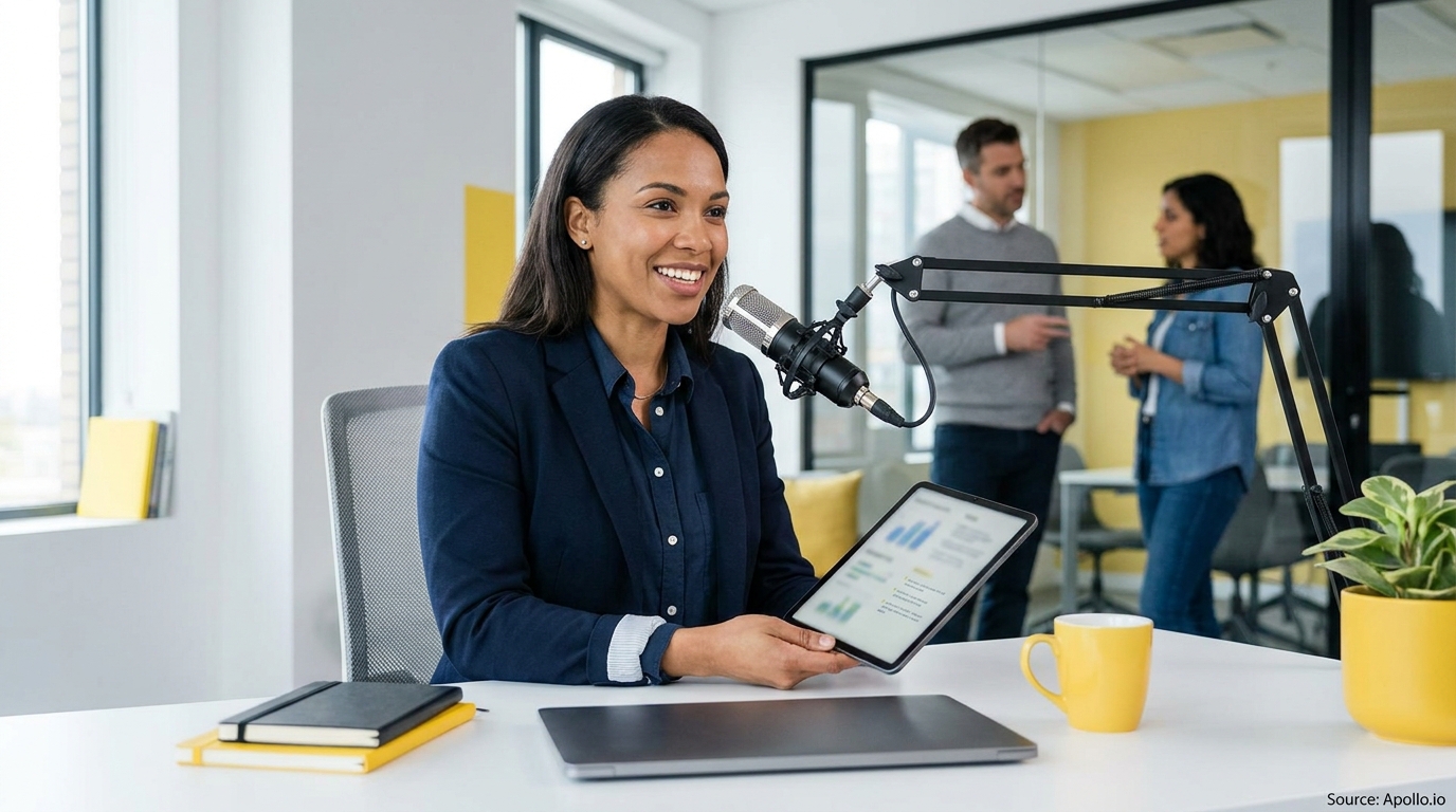 A smiling woman records a podcast at a desk, holding a tablet, while two colleagues chat in an office.
