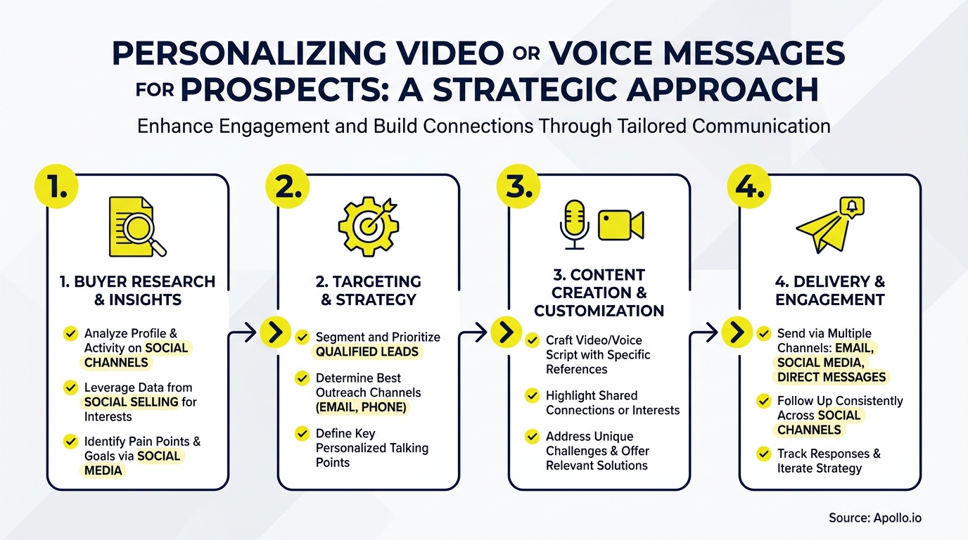 A four-step infographic outlines a strategic process for personalizing video and voice messages for prospects.