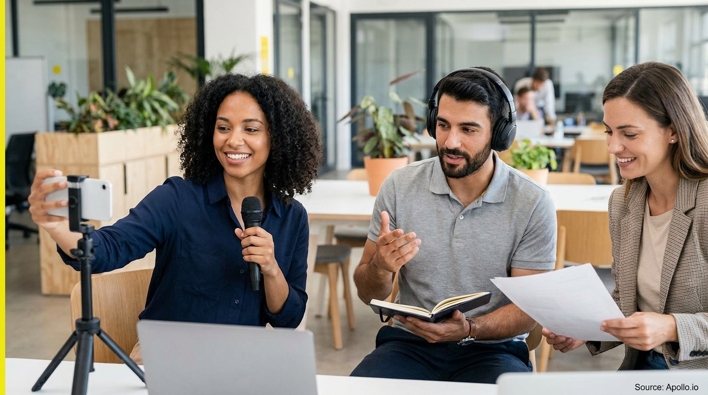 Three professionals record a video and podcast in a modern office setting.