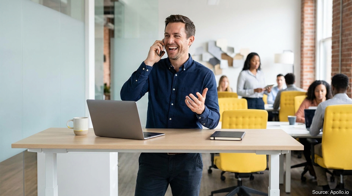 A smiling man talks on a phone at a standing desk in an active open-plan office with colleagues.