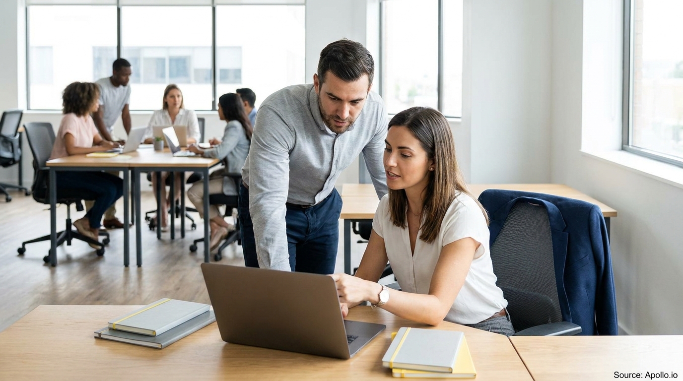 Two colleagues examine a laptop screen in a bright office with other employees working nearby.