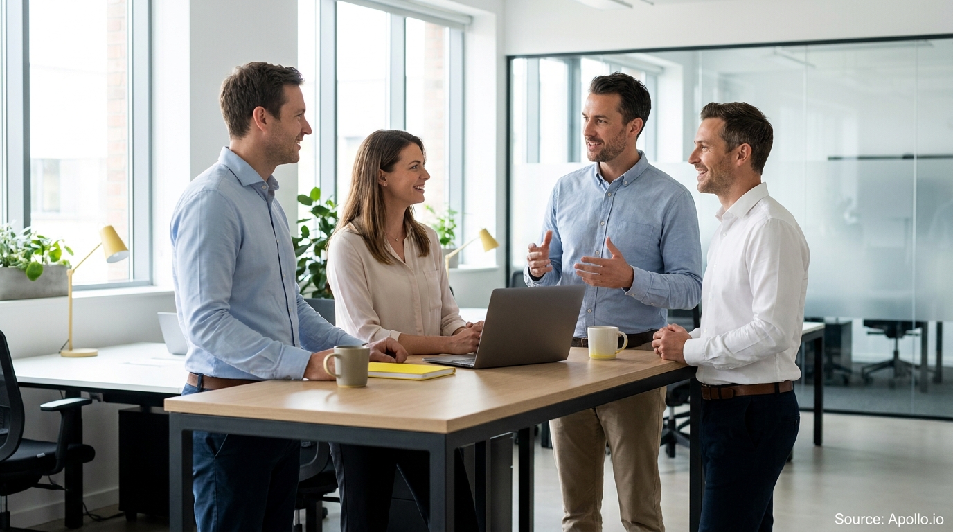 Four business colleagues collaborate around a laptop in a bright office.
