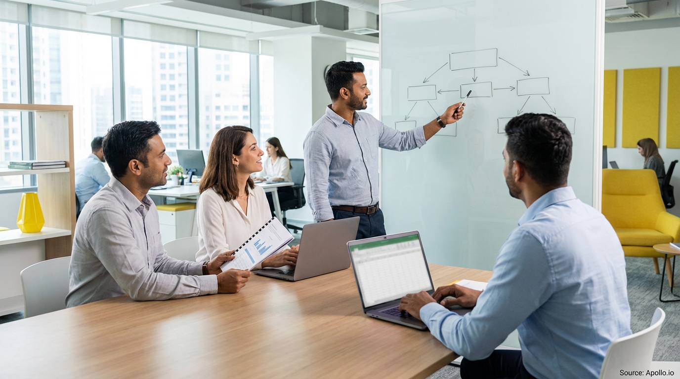 Six professionals in a modern office, one presenting a flowchart on a whiteboard.