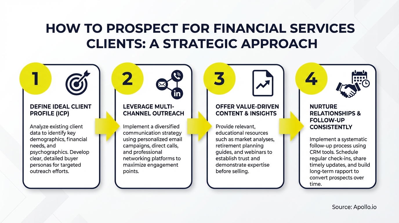 how to prospect for financial services clients? infographic — key steps and actionable takeaways