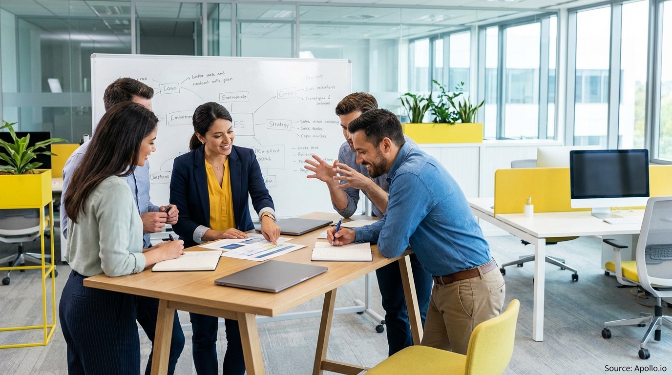 Sales team collaborating in a modern open-plan office reviewing lead generation strategies