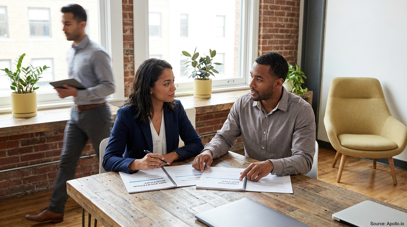 Two professionals discuss documents at a wooden table while a third person walks in the background.