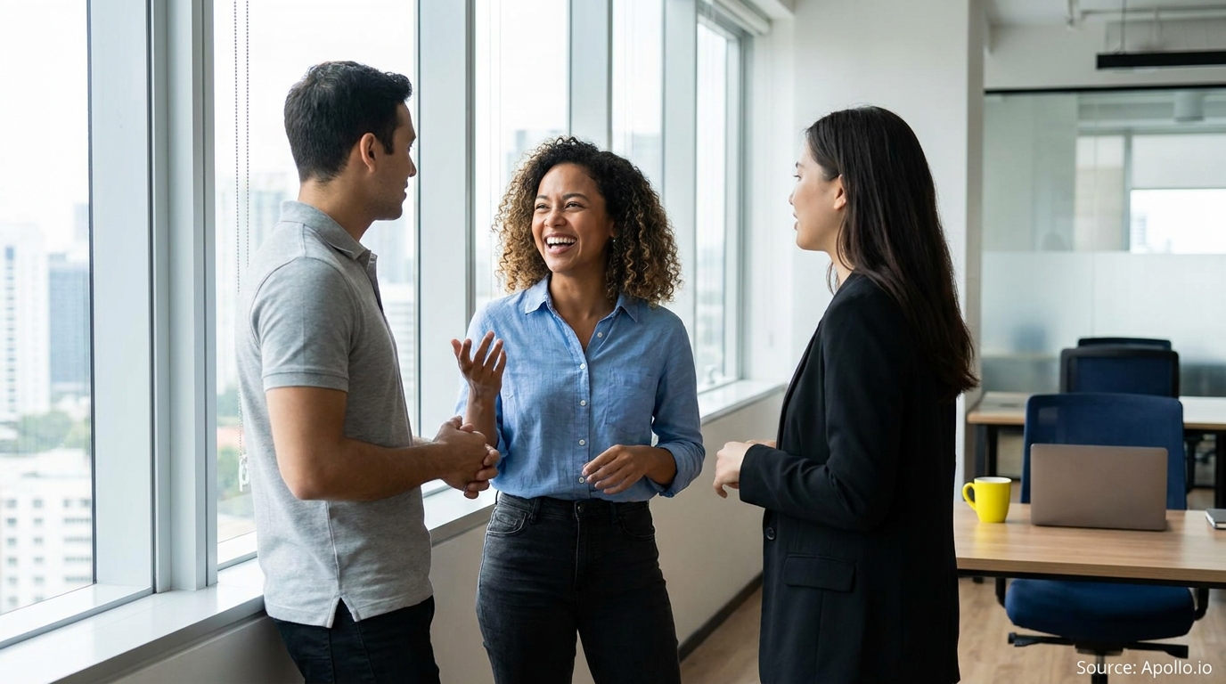 Three diverse professionals converse in a bright modern office with a city view.