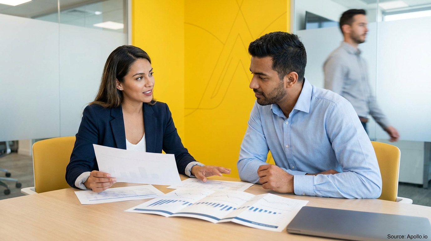 Man and woman review charts and discuss strategy at a modern office table.