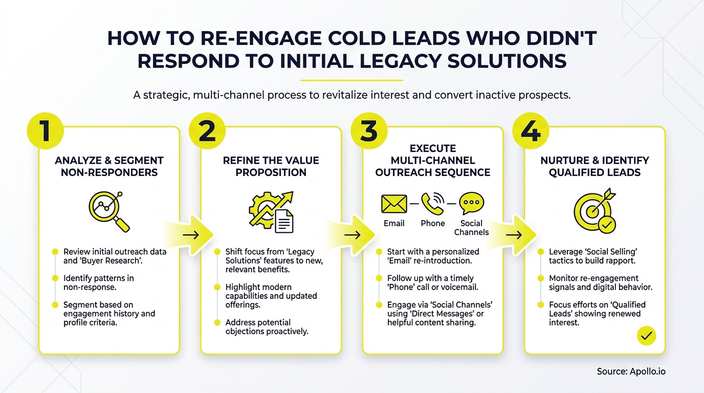 Four-step infographic detailing re-engaging cold leads via analysis, value refinement, multi-channel outreach, and nurturing.