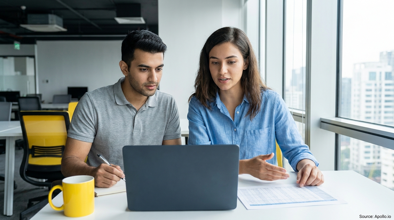 Two people review data on a laptop and document in a bright office.