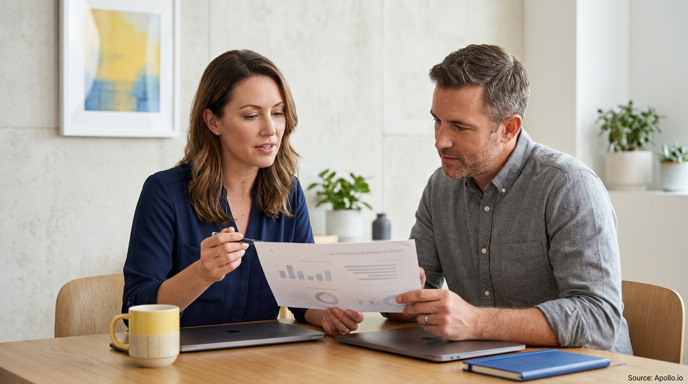 Two colleagues analyze a document with charts and graphs at an office table.