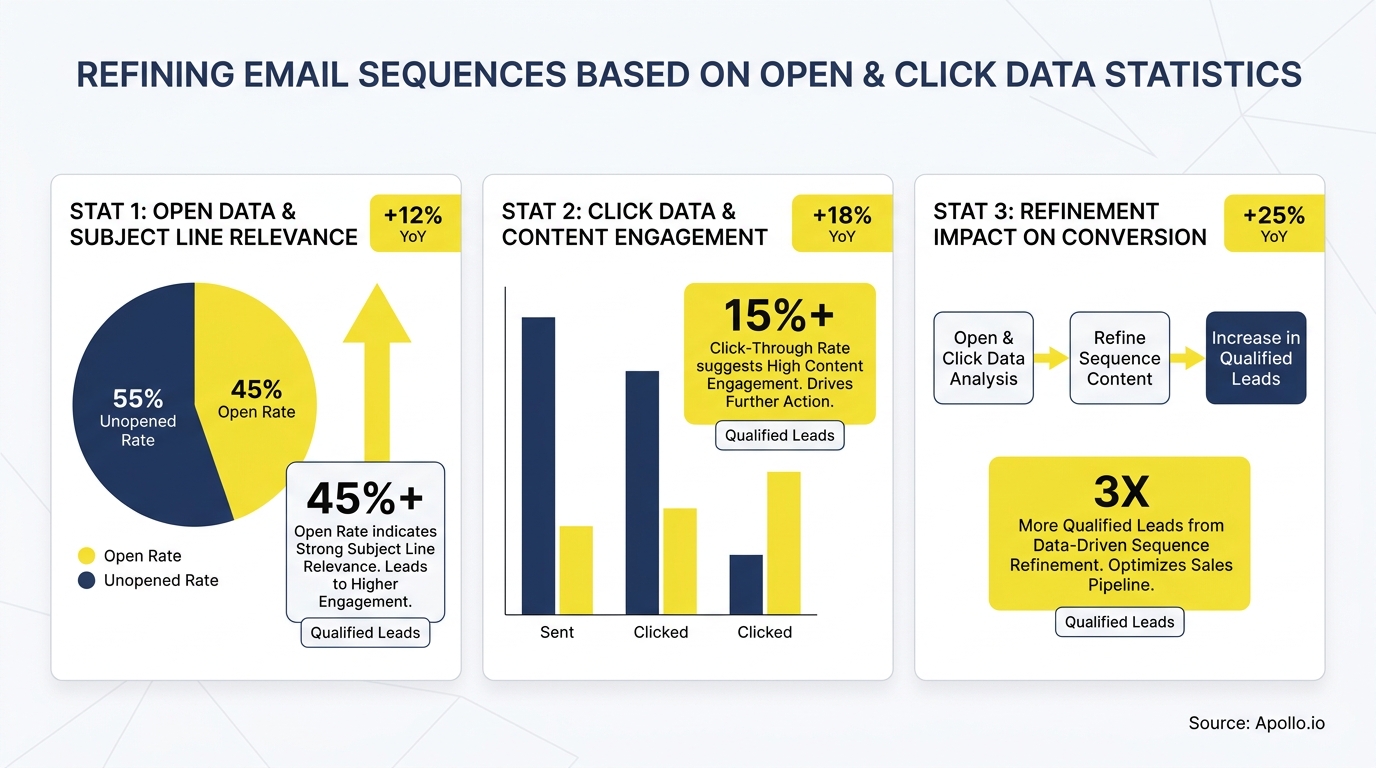 Infographic illustrating open and click data improving email sequences, engagement, and qualified lead generation.